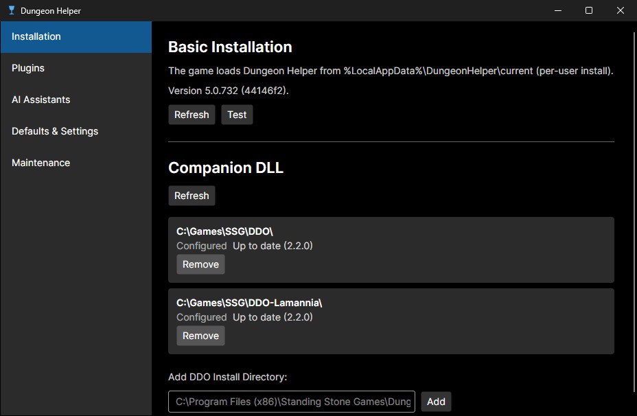 The Dungeon Helper app’s Installation section: Basic Installation shows where the game loads Dungeon Helper from; Companion DLL lists the DDO installs, each with its status and buttons, and a box to add another install