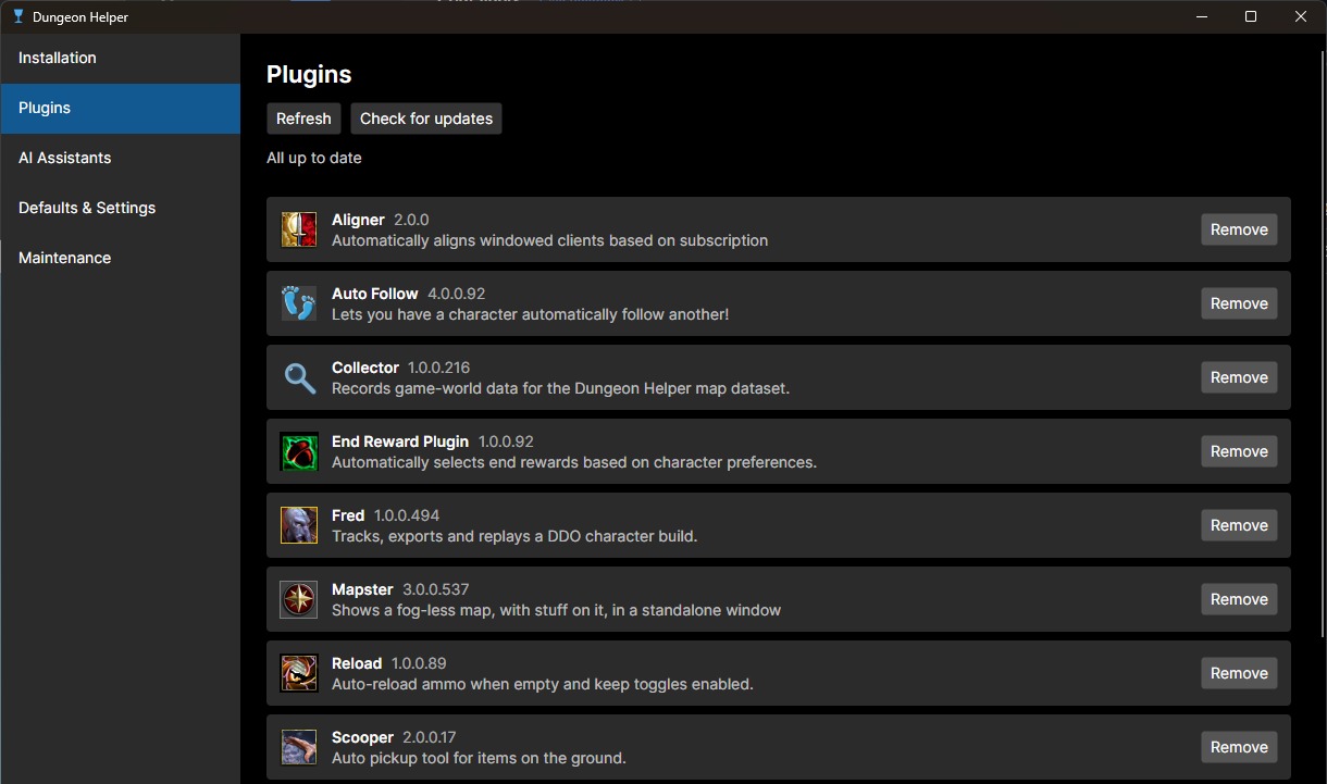 The Dungeon Helper app’s Plugins section: Refresh and Check for updates, then one card per installed plugin with its icon, name, version, description and a Remove button