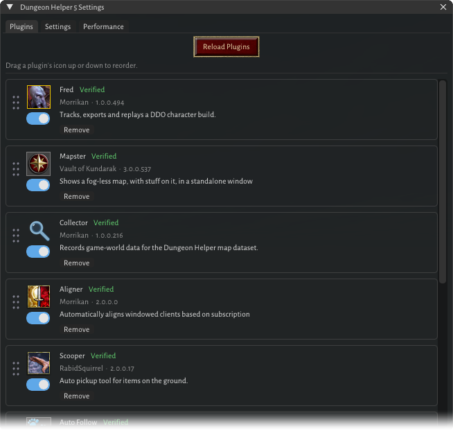 Dungeon Helper 5 Settings in game, Plugins tab: each installed plugin with its icon, a Verified badge, author and version, description, an on/off toggle and a Remove button