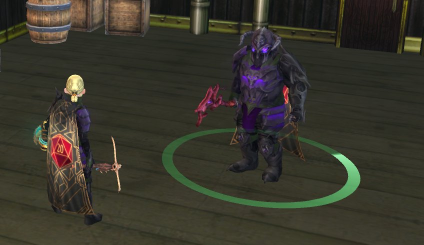 A follower in game standing in a green ring on the ground, seen from the leader's screen