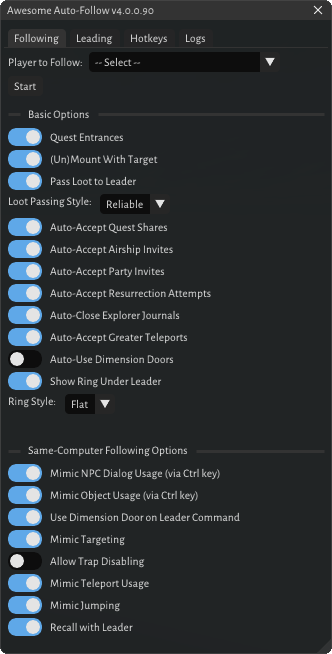 Awesome AutoFollow’s Following tab in game: the player to follow, the basic options and the same-computer options