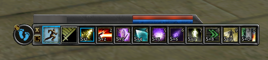 A follower’s hireling bar on the leader’s screen: follow-state and stop buttons, health and spell point bars, and ten mirrored hotbar slots