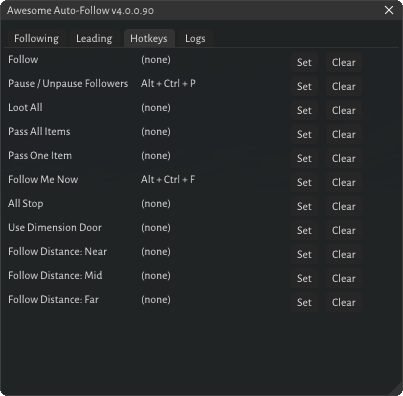Awesome AutoFollow’s Hotkeys tab: every hotkey with Set and Clear buttons, two of them bound