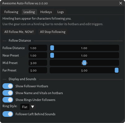 Awesome AutoFollow’s Leading tab: All Follow Me and All Stop buttons, follow distance and presets, and display and sound options