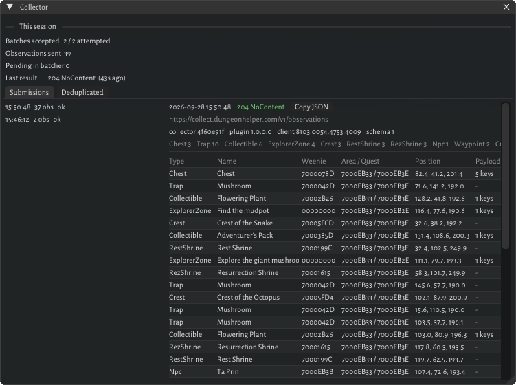 Collector’s window in game: session totals, and the Submissions tab listing each batch with every observation it contained