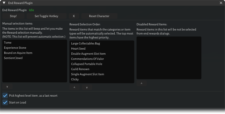 End Reward’s window in game: the manual selection list, the reward selection order and the disabled list, with the two settings below
