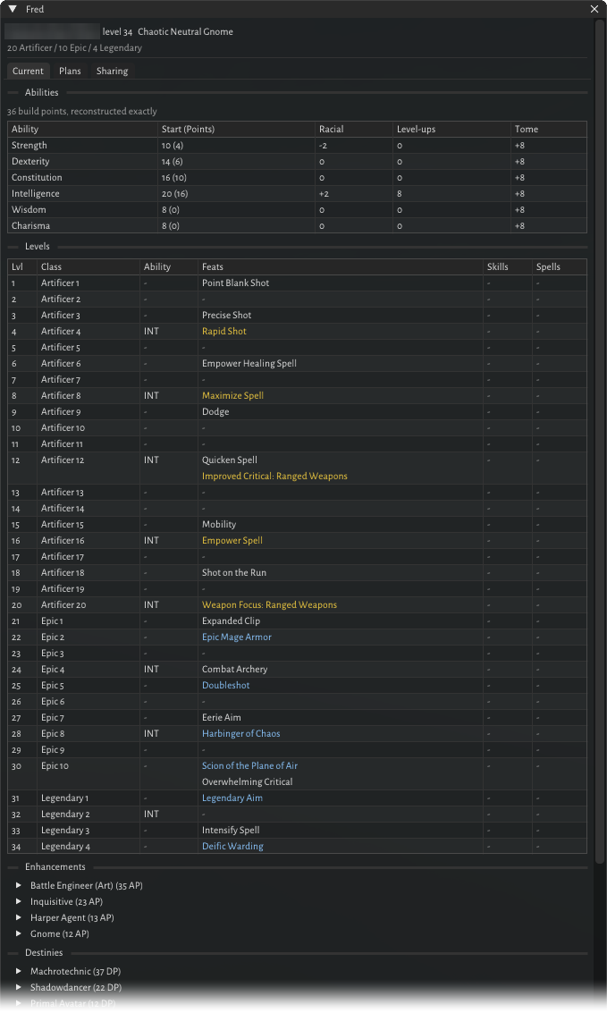 Fred’s Current tab in game: ability scores reconstructed from build points, a level-by-level table of classes and feats, and the enhancement and destiny trees