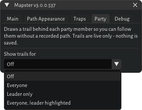 Mapster’s Party tab with the Show trails for menu open: Off, Everyone, Leader only, Everyone, leader highlighted