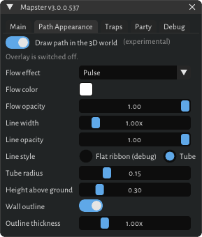 Mapster’s Path Appearance tab: the 3D route toggle, flow effect and colour, and line and tube settings