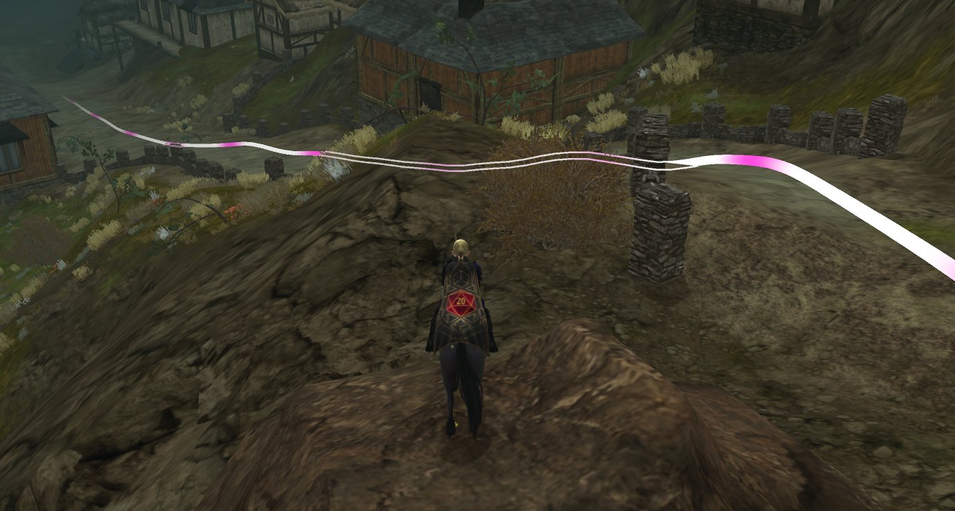 A recorded route drawn as a glowing tube across the ground in game