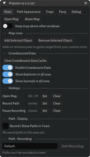Mapster’s settings panel in game, on the Main tab