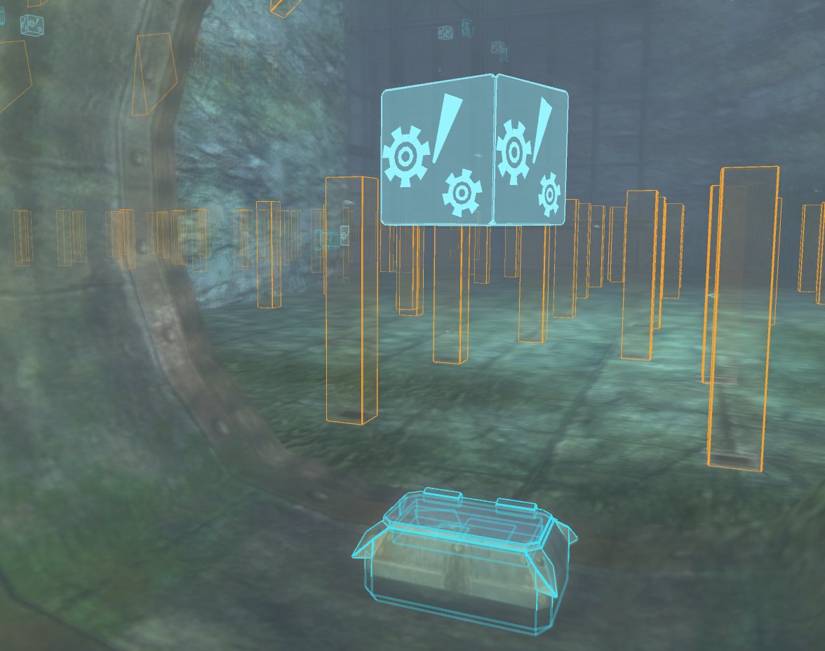 A room full of traps outlined in orange, with the trap control box outlined in cyan