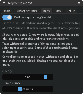 Mapster’s Traps tab: the trap outline toggle, what the outlines show, and opacity and draw distance