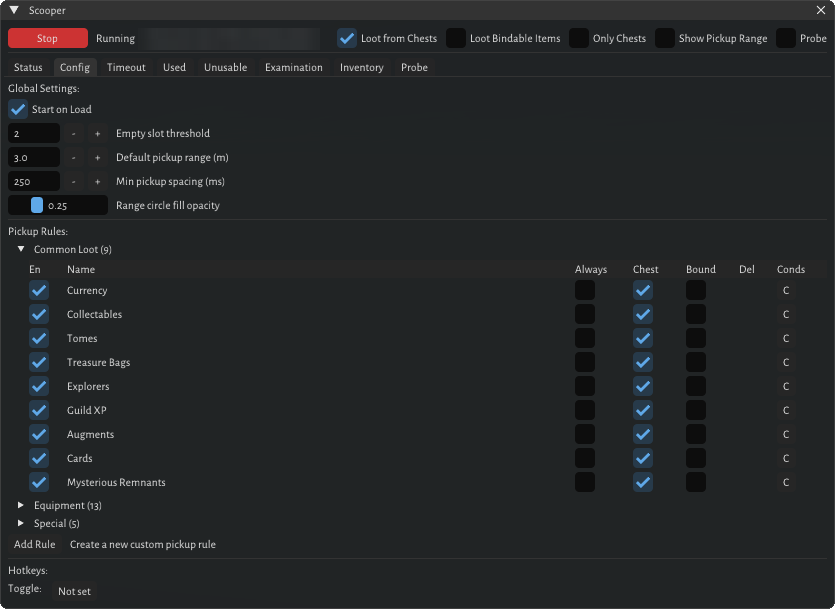 Scooper’s window in game on the Config tab, showing global settings and the Common Loot pickup rules
