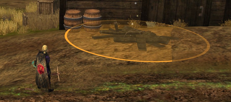 A pile of loot in game circled in amber on the ground, with the player standing outside the circle