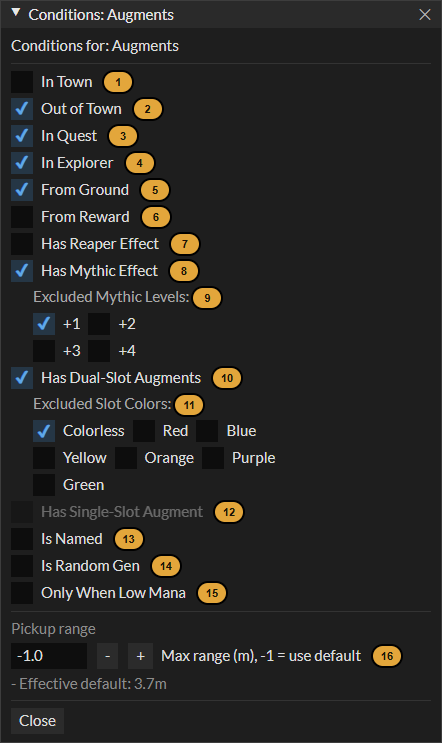 The Conditions window for the Augments rule