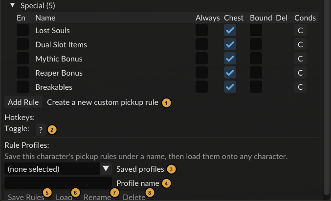 The bottom of Scooper’s Config tab: Add Rule, the toggle hotkey and Rule Profiles