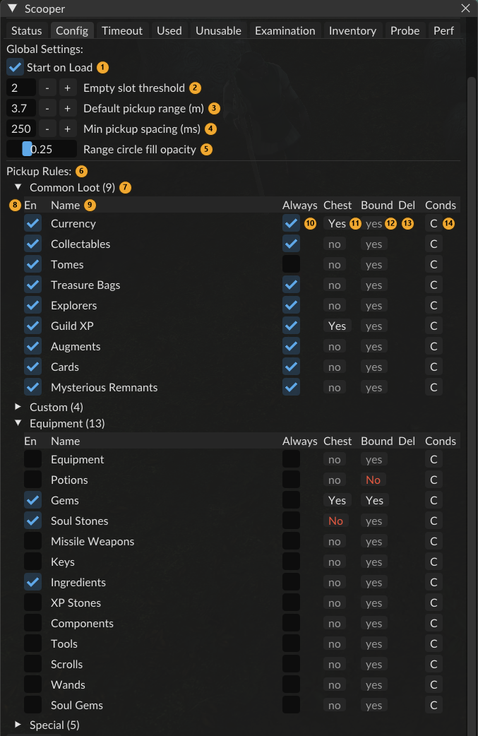 Scooper’s Config tab with the global settings and the Common Loot and Equipment rules
