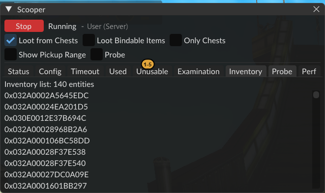 Scooper’s Inventory tab listing item IDs