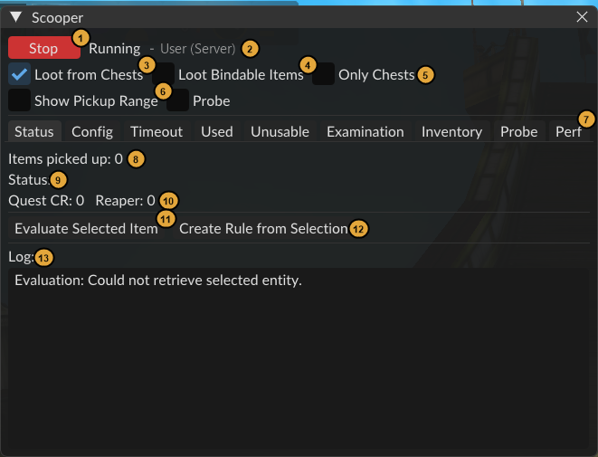 Scooper’s window on the Status tab, with numbered markers on each control