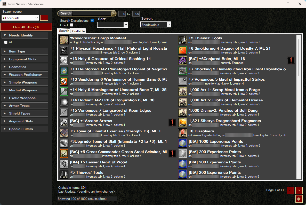 The Trove Viewer showing search results from every character on one server